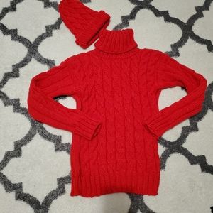 Handmade red turtleneck sweater and hat set
